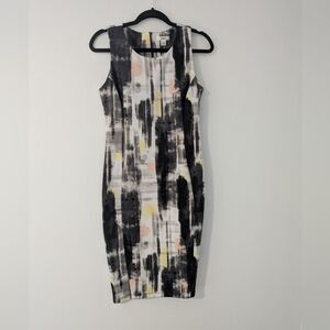 Sleeveless Abstract Print Sheath Dress in Black/White with Pink & Yellow Accents